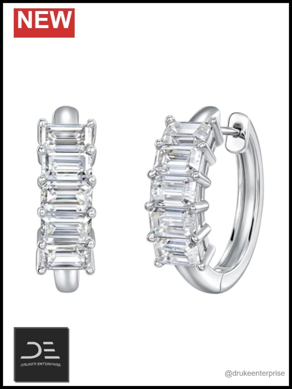 Moissanite Huggie Earrings D Color VVS1 Emerald Cut Pair Hoop Rhodium Plated